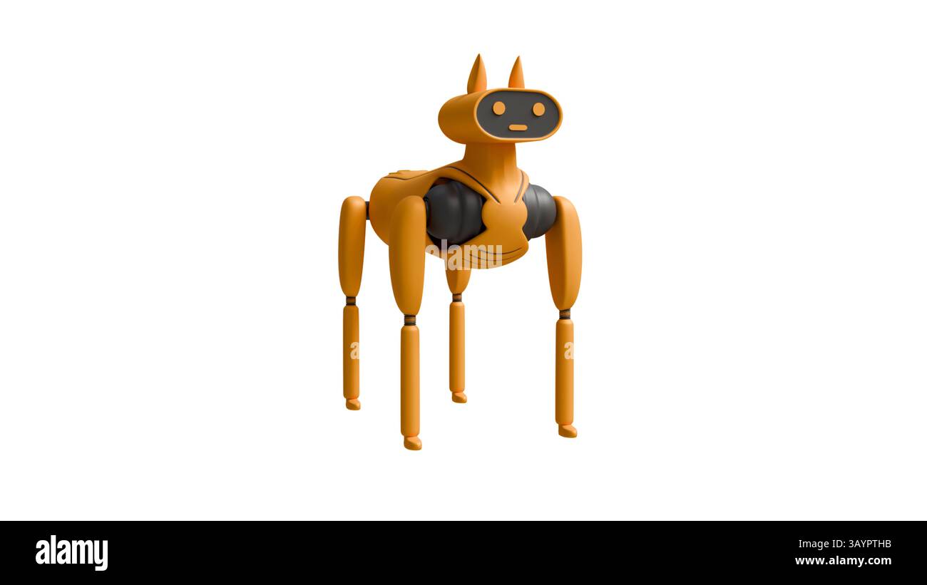 modello 3d di cane robot arancione con sfondo nero su bianco, tecnico robotico domestico, cane robot Foto Stock