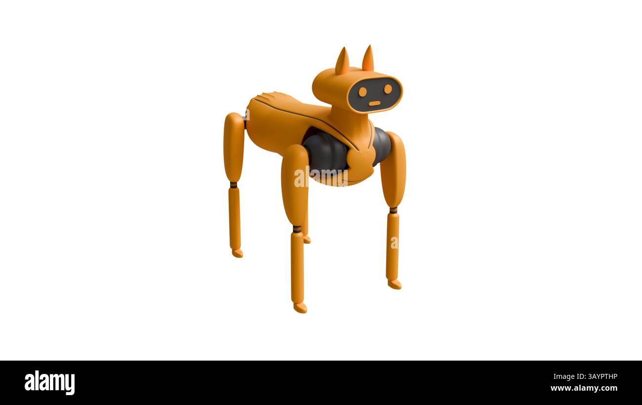 modello 3d di cane robot arancione con sfondo nero su bianco, tecnico robotico domestico, cane robot Foto Stock
