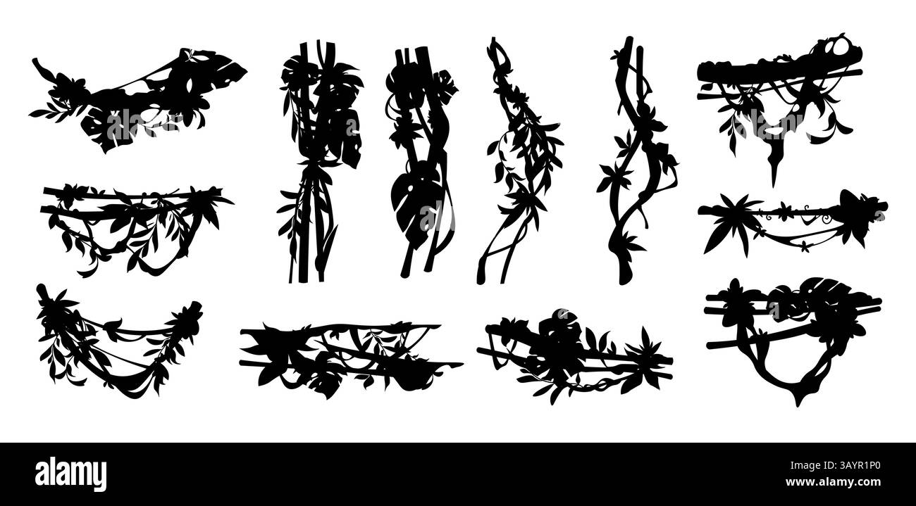 Silhouette Jungle liana. Confine con le piante d'edera, elemento decorativo della pianta di vite tropicale, rami del superpore della giungla, liane e ivii della foresta pluviale Illustrazione Vettoriale