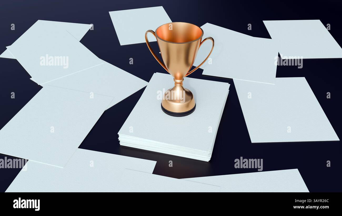 una rappresentazione in 3d del classico trofeo dorato che si erge in cima a un'ordinata pila di white paper. Un risultato o un riconoscimento relativo alla ricerca. Foto Stock