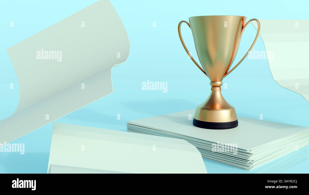 una rappresentazione in 3d del classico trofeo dorato che si erge in cima a un'ordinata pila di white paper. Un risultato o un riconoscimento relativo alla ricerca. Foto Stock