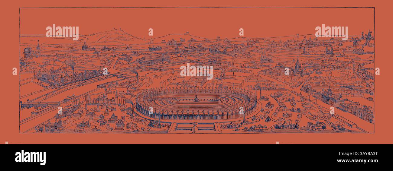 Un'illustrazione dettagliata mostra un vasto paesaggio urbano, con un ampio stadio al centro, circondato da una rete di strade, edifici e vari monumenti. La scena cattura un mix di stili architettonici e caratteristiche naturali in un formato vivace e stilizzato. Vista dell'arte classica francese di Parigi con un tocco moderno reinventato da Artotop Foto Stock