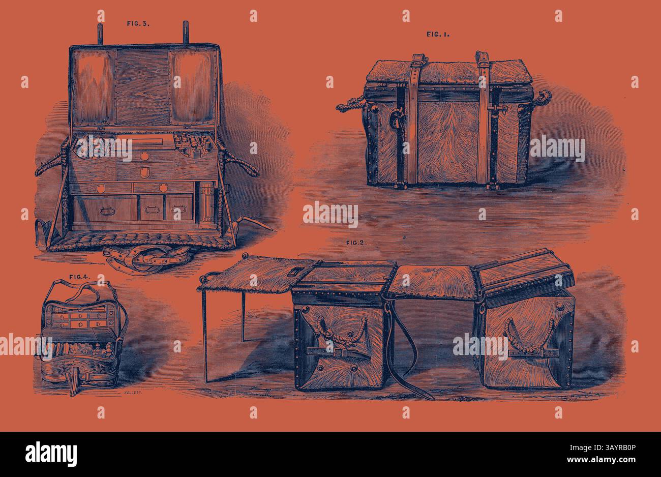 Un'illustrazione dettagliata che mostra vari disegni di antichi bauli da viaggio, evidenziandone gli scomparti e la struttura. Le immagini mostrano stili e funzionalità diversi, con cinghie e maniglie per la massima portabilità. Esposizione Internazionale di Parigi: British Medicine Panniers: 1. Medicine Pannier in valigia per viaggiare 2. Due dispensatori per la medicina che formano un tavolo operatorio 3. Medicina Pannier Open 4. Medical Field Companion France 1867 arte classica con un tocco moderno reinventata da Artotop Foto Stock