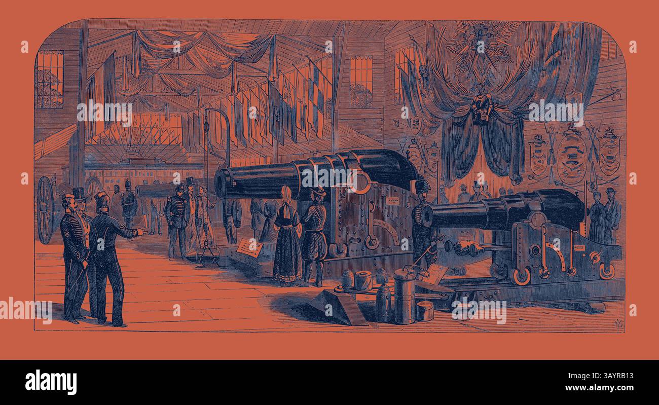 Una mostra storica espone grandi cannoni esposti in modo prominente in una sala ornata, con i partecipanti vestiti in abiti del XIX secolo che esaminano l'artiglieria. Bandiere ed elementi decorativi adornano le pareti, evidenziando il significato della potenza militare in quell'epoca. La mostra internazionale di Parigi: Munizioni di guerra esposte da produttori privati France Cannon 1867 arte classica con un tocco moderno reinventata da Artotop Foto Stock