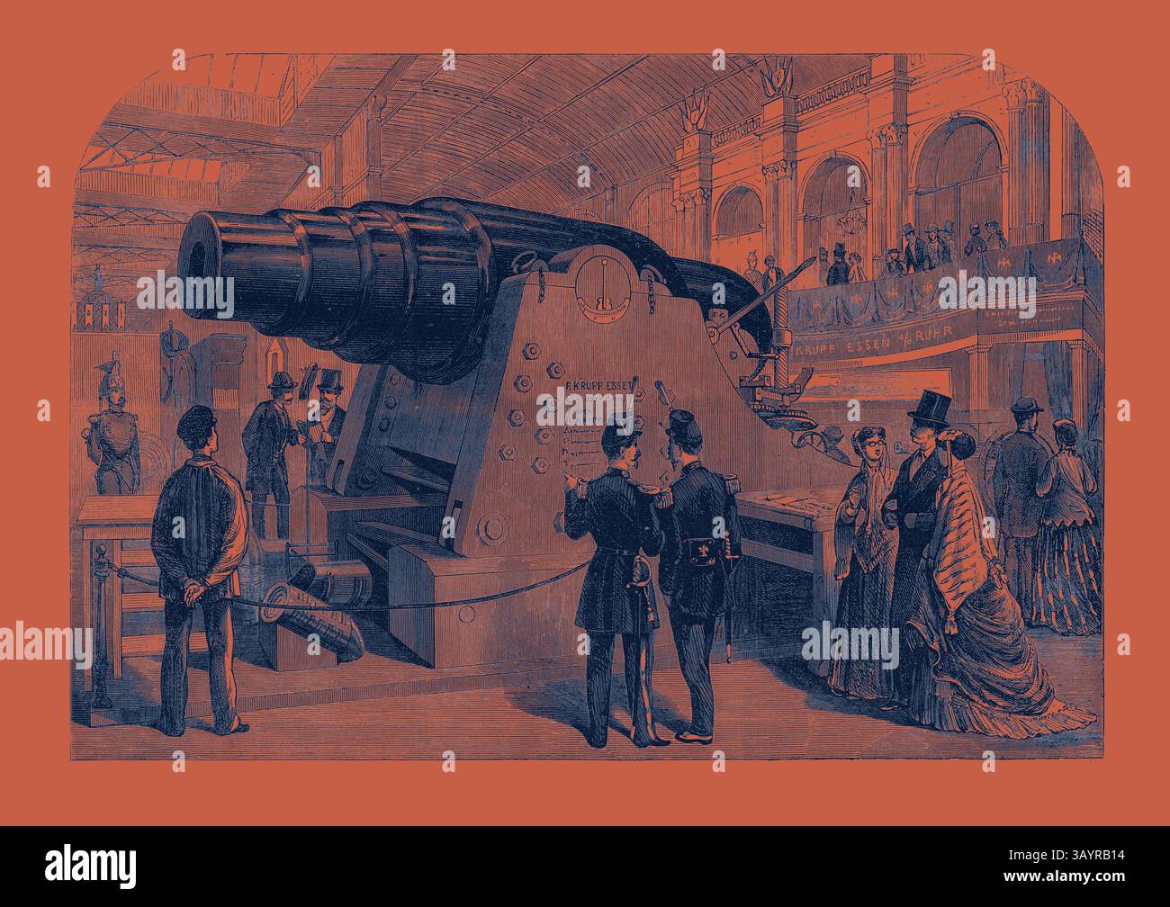 Un grande cannone dal design complesso domina una vivace sala espositiva, circondata da spettatori elegantemente vestiti e ufficiali in uniforme. L'atmosfera è di curiosità e ammirazione, mentre i partecipanti si impegnano con il monumentale pezzo d'artiglieria, che mette in mostra sia l'abilità tecnologica che il significato storico. La mostra internazionale di Parigi: La grande pistola di Krupp presentata al re di Prussia dal produttore M. Krupp di Essen 1867 arte classica con un tocco moderno reinventata da Artotop Foto Stock