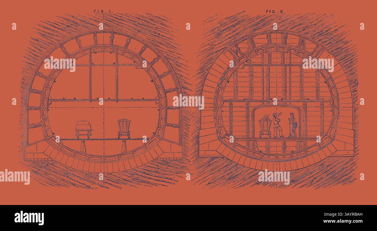 Un dettagliato progetto architettonico mostra due viste trasversali di una struttura circolare, evidenziando elementi interni come mobili e elementi decorativi. Il design enfatizza la simmetria e la disposizione spaziale. Mostra Internazionale di Parigi: Sistema di Tunnelling France 1867 Arte classica con un tocco moderno reinventata da Artotop Foto Stock