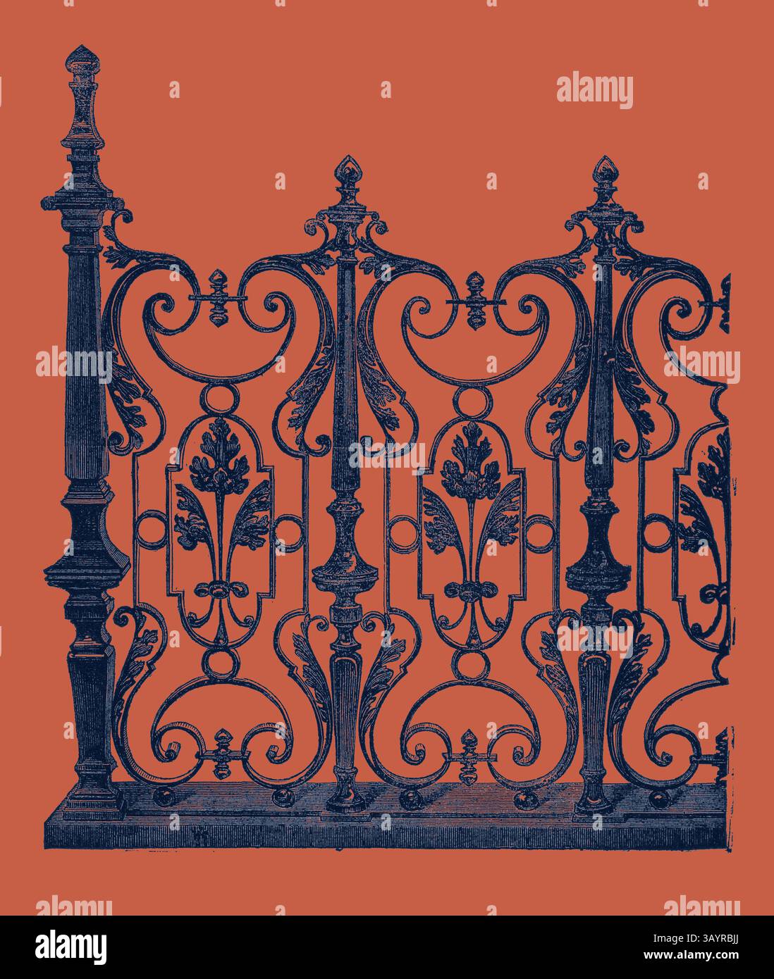 Ringhiera in ferro battuto dal design complesso con eleganti curve e motivi floreali, su uno sfondo audace e contrastante. L'esposizione Internazionale di Parigi: Parte di un balcone, Francia 1867 Arte classica con un tocco moderno reinventata da Artotop Foto Stock