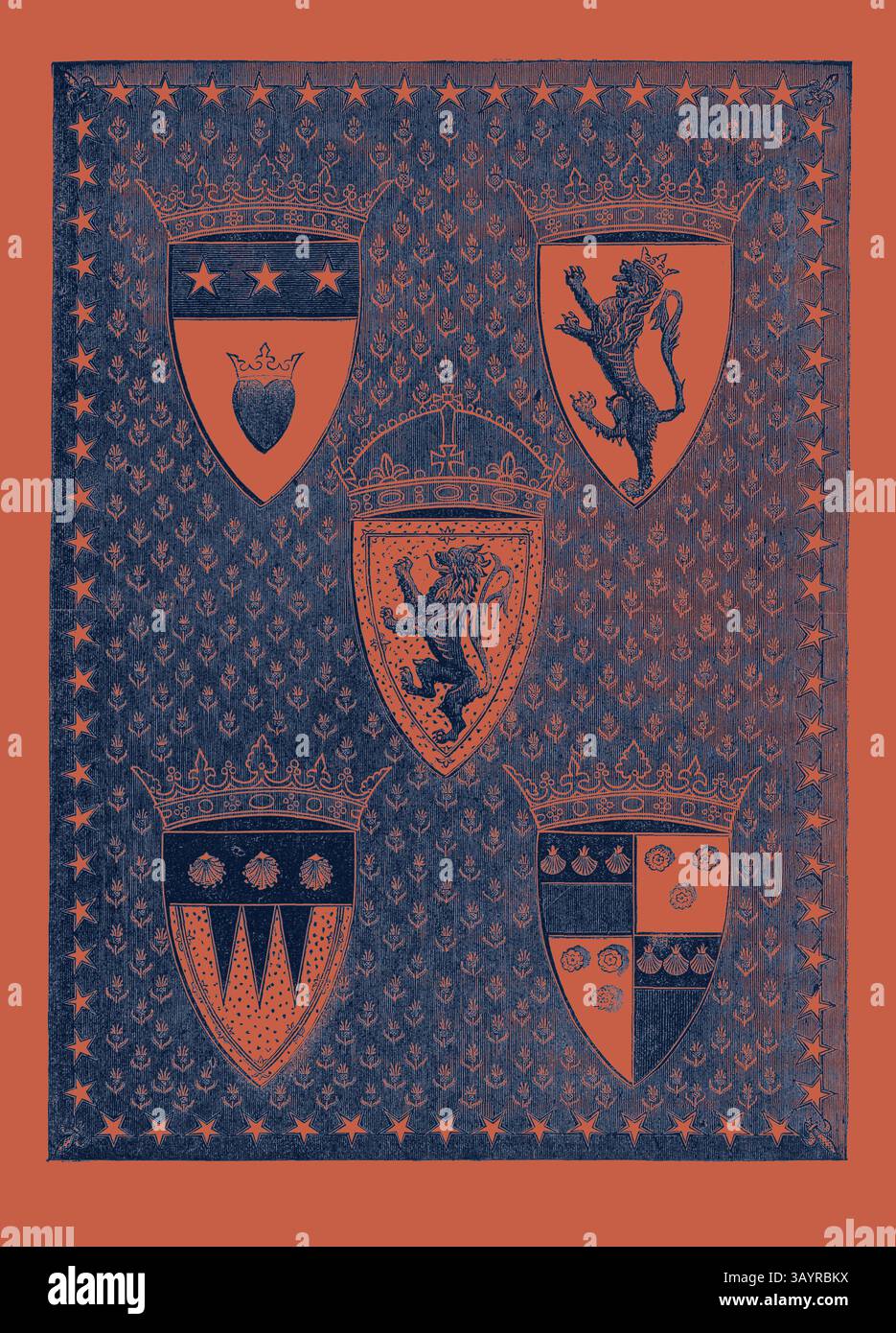 Una composizione stilizzata con cinque scudi araldici adornati con vari simboli, tra cui leoni, stelle e motivi geometrici, adornati su un ricco sfondo. L'esposizione internazionale di Parigi del 1867: Rilegatura dei Lays di Aytoun dei Cavalieri scozzesi, arte classica francese con un tocco moderno reinventata da Artotop Foto Stock
