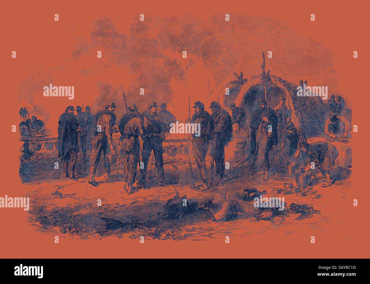 Un gruppo di soldati si trova intorno a un fuoco da campo, impegnato in vari compiti mentre un altro prepara un pasto nelle vicinanze. La scena cattura un momento di cameratismo e di vita quotidiana in un ambiente militare, con armi da fuoco e provviste sparse, mettendo in evidenza la loro aspra esistenza. Bivacco dei garibaldi a Nerola negli stati romani 1867 arte classica con un tocco moderno reinventata da Artotop Foto Stock