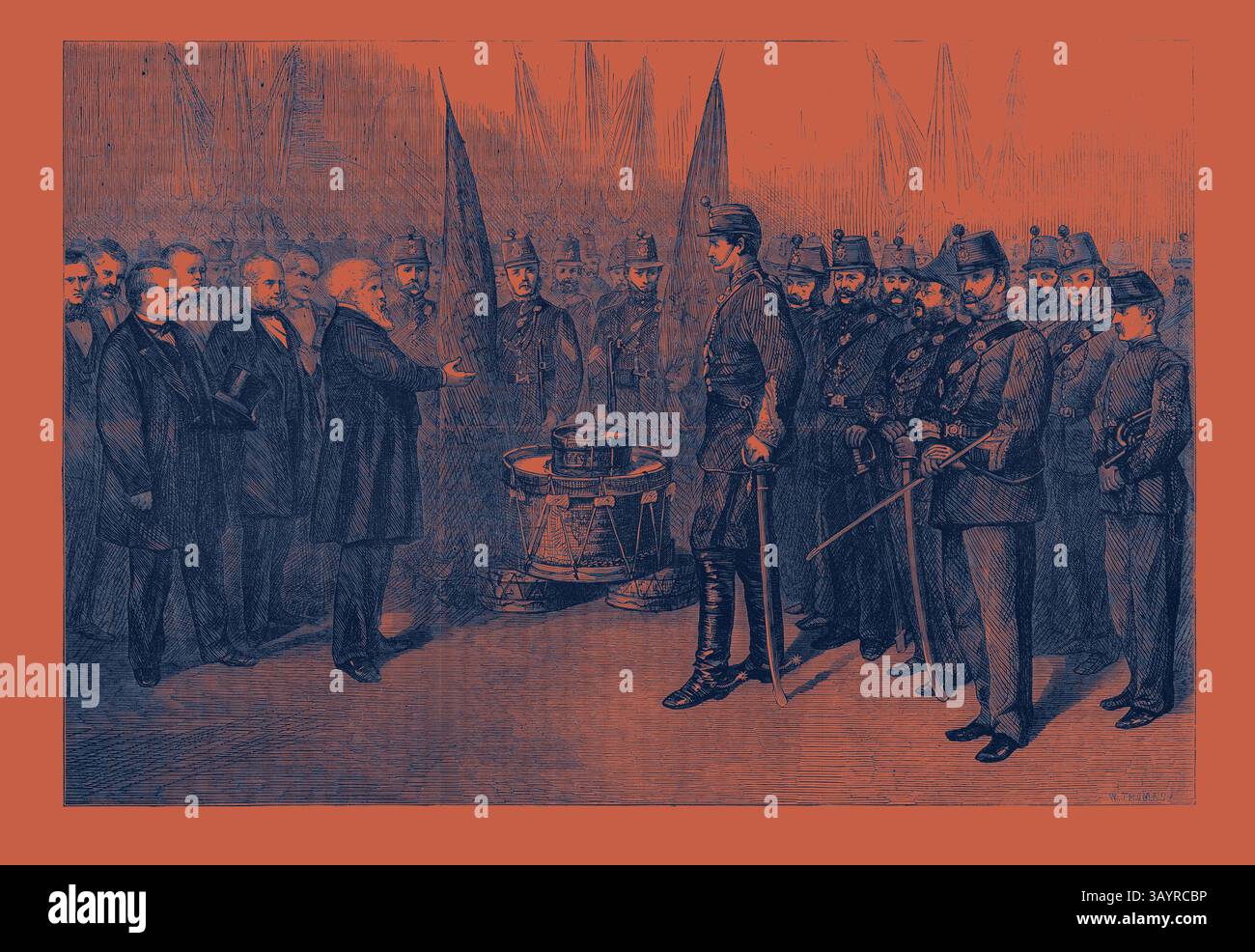 Si svolge una cerimonia formale con dignitari e soldati. Al centro, un uomo gesta verso un soldato che sta all'attenzione, affiancato da una fila di ufficiali e civili. Le bandiere sono visibili sullo sfondo, contribuendo all'atmosfera cerimoniale. Presentazione dei colori al 4th Tower Hamlets Volunteer Corps Londra Regno Unito 1867 Arte classica con un tocco moderno reinventata da Artotop Foto Stock