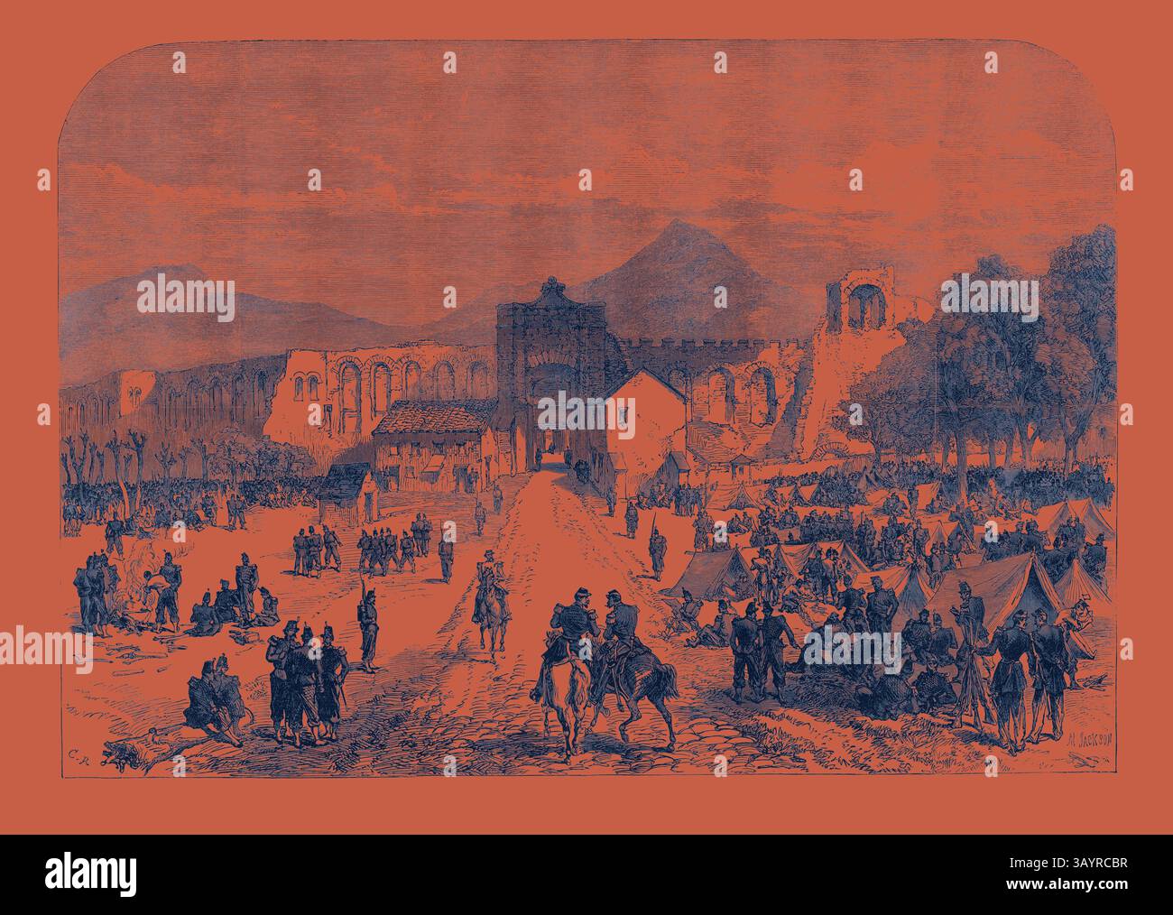 Una vivace scena che raffigura uno storico campo militare, con soldati a cavallo e gruppi di persone riuniti tra le tende. Sullo sfondo, le imponenti fortificazioni e le montagne creano un paesaggio suggestivo, che aggiunge un senso di attività e di scopo. Le truppe francesi si accamparono all'interno della porta Lateranense a Roma Italia 1867 arte classica con un tocco moderno reinventato da Artotop Foto Stock