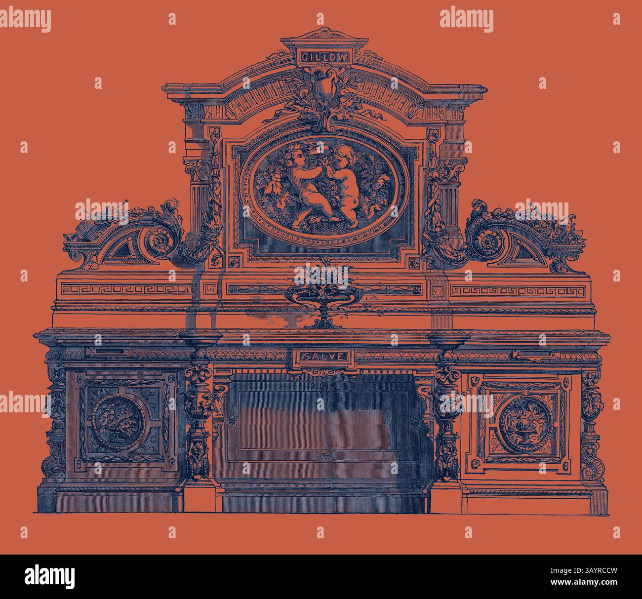 Un camino ornato con intricate incisioni e motivi decorativi, caratterizzato da cherubini e intricati lavori di scorrimento, su uno sfondo audace. Mostra Internazionale di Parigi: Tavola laterale Pollard-Oak, Francia 1867 Arte classica con un tocco moderno reinventata da Artotop Foto Stock