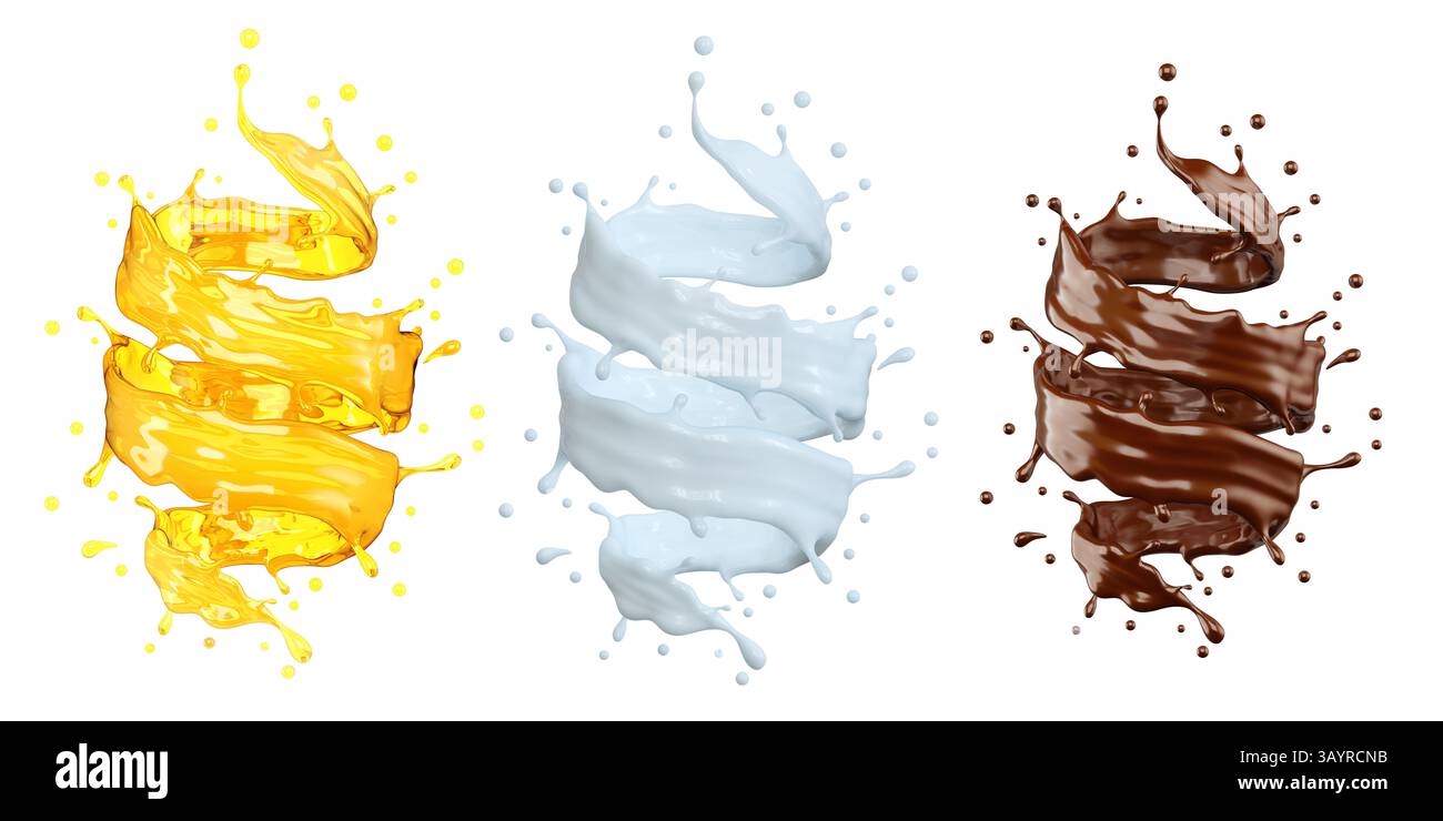 rendering in 3d di latte giallo liquido e cioccolato isolato su bianco con percorso di ritaglio Foto Stock
