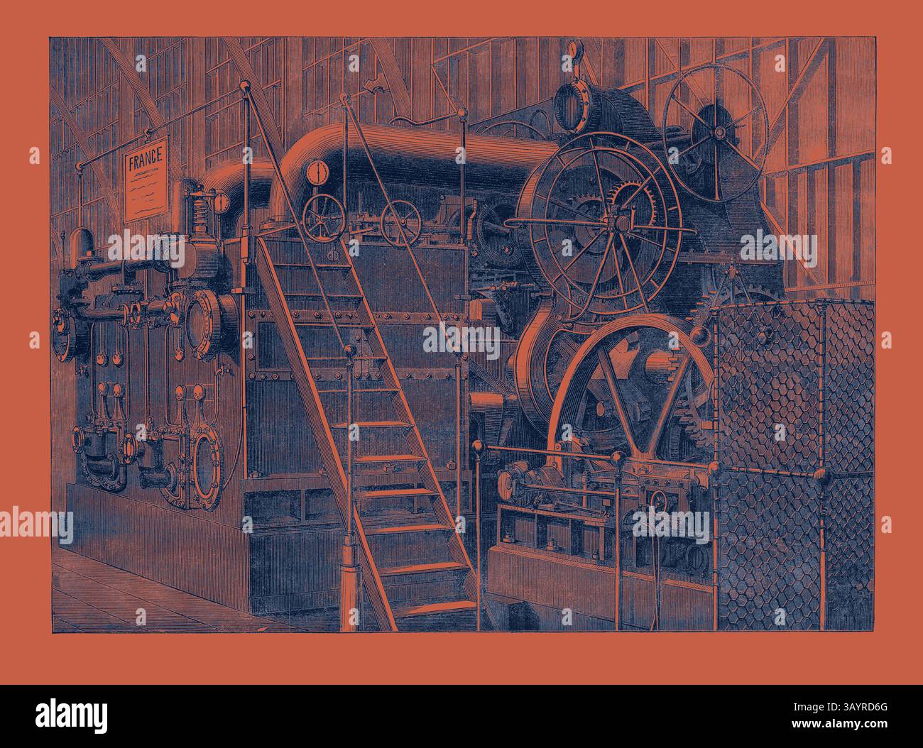 Una configurazione di macchinari industriali dal design complesso con ruote, tubi e scale di grandi dimensioni, collocate su uno sfondo contrastante che ne mette in risalto le caratteristiche meccaniche. Esposizione Internazionale: Motori marini della Mediterranean Forging Company 1862 Arte classica con un tocco moderno reinventata da Artotop Foto Stock