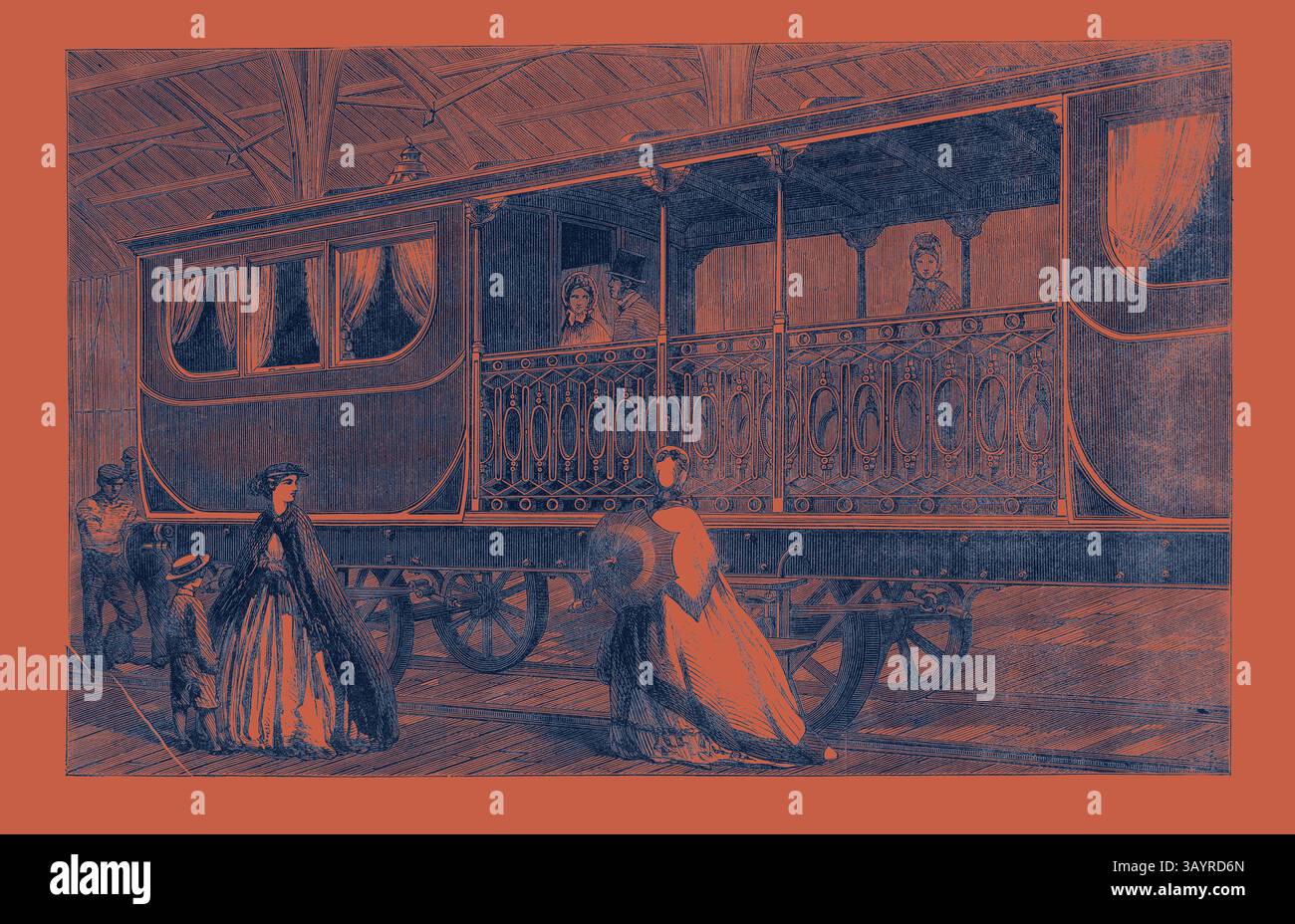 Una scena d'epoca caratterizzata da un vagone ferroviario ornato con eleganti dettagli architettonici, accompagnati da figure alla moda in abiti del XIX secolo, creando un'atmosfera nostalgica che ricorda un'epoca passata. Esposizione Internazionale: Carrozza ferroviaria belga di prima classe con salone affumicato annesso 1862 arte classica con un tocco moderno reinventata da Artotop Foto Stock Una scena d'epoca caratterizzata da un vagone ferroviario ornato con eleganti dettagli architettonici, accompagnati da figure alla moda in abiti del XIX secolo, creando un'atmosfera nostalgica che ricorda un'epoca passata. Esposizione Internazionale: Carrozza ferroviaria belga di prima classe con salone affumicato annesso 1862 arte classica con un tocco moderno reinventata da Artotop Foto Stock