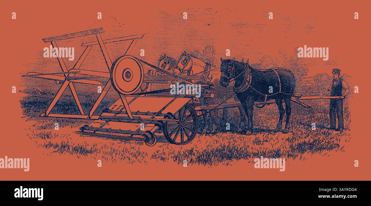 Un'illustrazione di una macchina agricola trainata da cavalli, che mostra il design intricato e la funzionalità delle prime attrezzature agricole, ambientate in un paesaggio rurale. Esposizione Internazionale: Croskill's Bell's Reaping Machine 1862 arte classica con un tocco moderno reinventata da Artotop Foto Stock