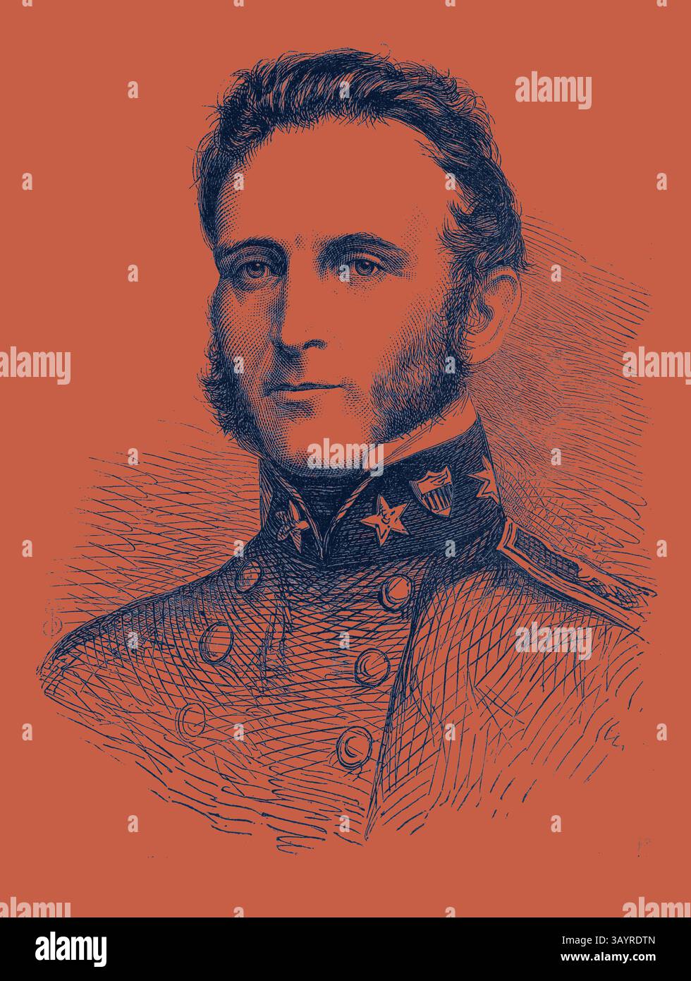 Un'illustrazione dettagliata di un ufficiale militare, che mostra caratteristiche facciali distinte e un'uniforme adornata di bottoni e stelle, che trasmette un'aria di autorità e significato. Il maggior generale Stonewall Jackson dell'esercito confederato 1862 arte classica con un tocco moderno reinventata da Artotop Foto Stock