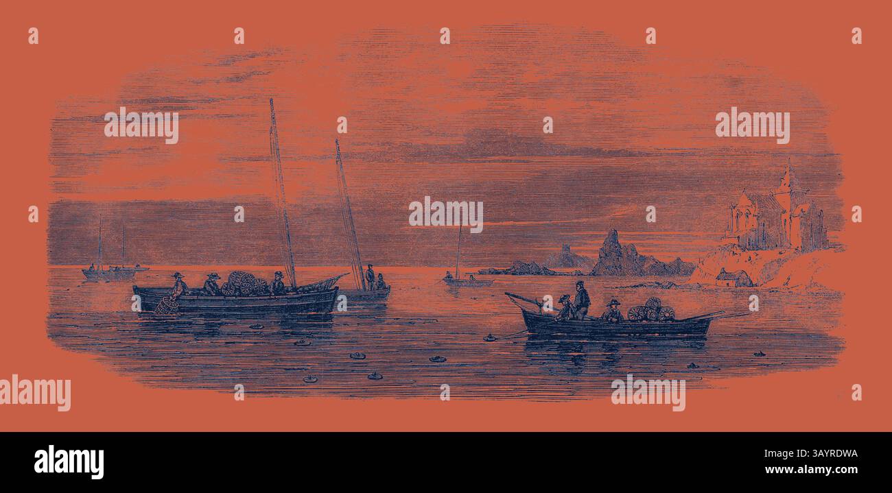 Le barche da pesca scivolano attraverso acque calme, con coste rocciose e una lontana chiesa costiera stagliata contro un cielo spettacolare, evocando una tranquilla scena marittima. Forniture di molluschi: Pesca del granchio al largo di Fife Coast 1862 arte classica con un tocco moderno reinventata da Artotop Foto Stock