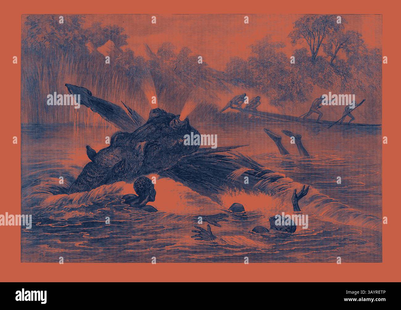 Una scena drammatica si svolge mentre una creatura gigante emerge dalle acque tumultuose, creando onde che inondano figure in difficoltà nelle vicinanze, mentre altri tentano di fuggire su un tronco vicino, illustrando un momento di caos e pericolo in un ambiente selvaggio. Canoa distrutta da un ippopotamo sul fiume Zambesi Sud Africa 1866 arte classica con un tocco moderno reinventata da Artotop Foto Stock