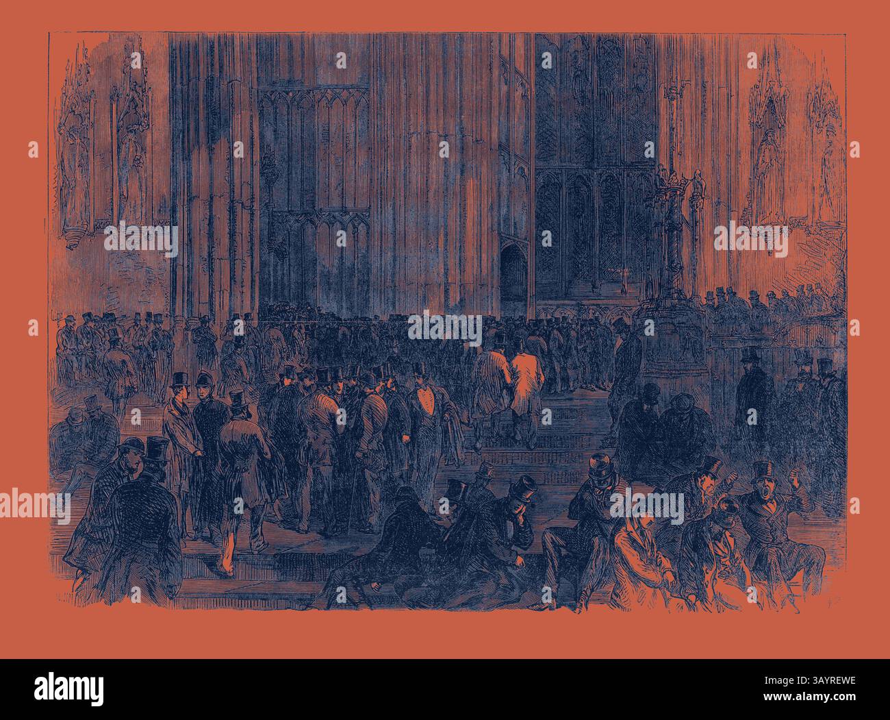 Una folla affollata si raduna intorno a un grande edificio storico, con persone in abbigliamento formale impegnate in conversazioni e interazioni sociali, ambientate in uno sfondo architettonico ornato. Westminster Hall on the Night of the Division on the Reform Bill London UK 1866 arte classica con un tocco moderno reinventata da Artotop Foto Stock