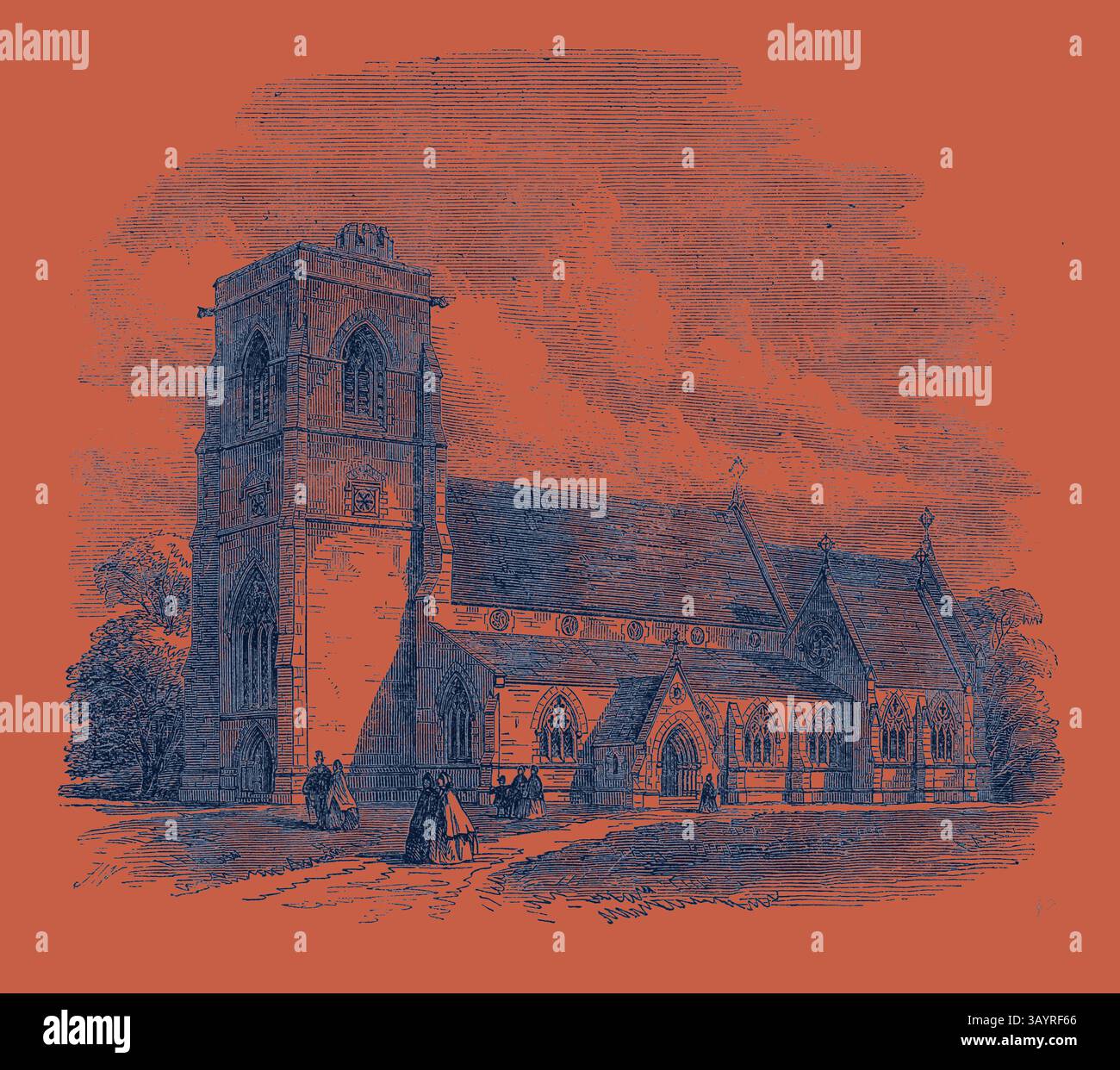 Una chiesa storica si erge in modo prominente, che mostra i suoi dettagli architettonici e l'imponente campanile, circondato da un paesaggio sereno e figure che passeggiano nelle vicinanze. Benhilton Church Sutton Surrey UK 1866 arte classica con un tocco moderno reinventata da Artotop Foto Stock