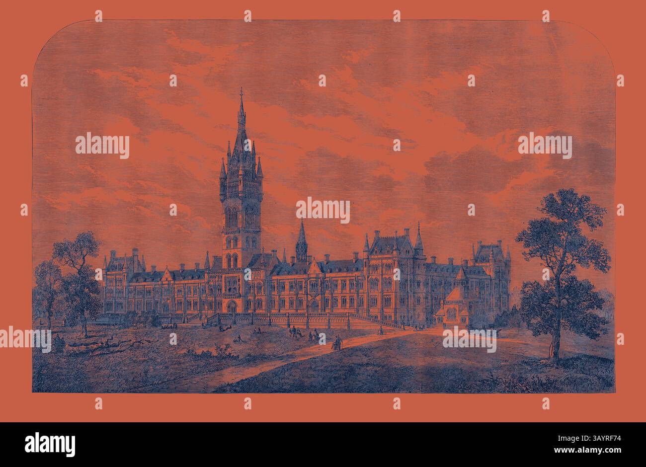 Un grande castello dall'architettura intricata, adornato da un'alta guglia, si erge maestosamente contro un cielo spettacolare, circondato da vegetazione lussureggiante e sentieri. L'Università di Glasgow: Designed New Buildings UK 1866 arte classica con un tocco moderno reinventata da Artotop Foto Stock