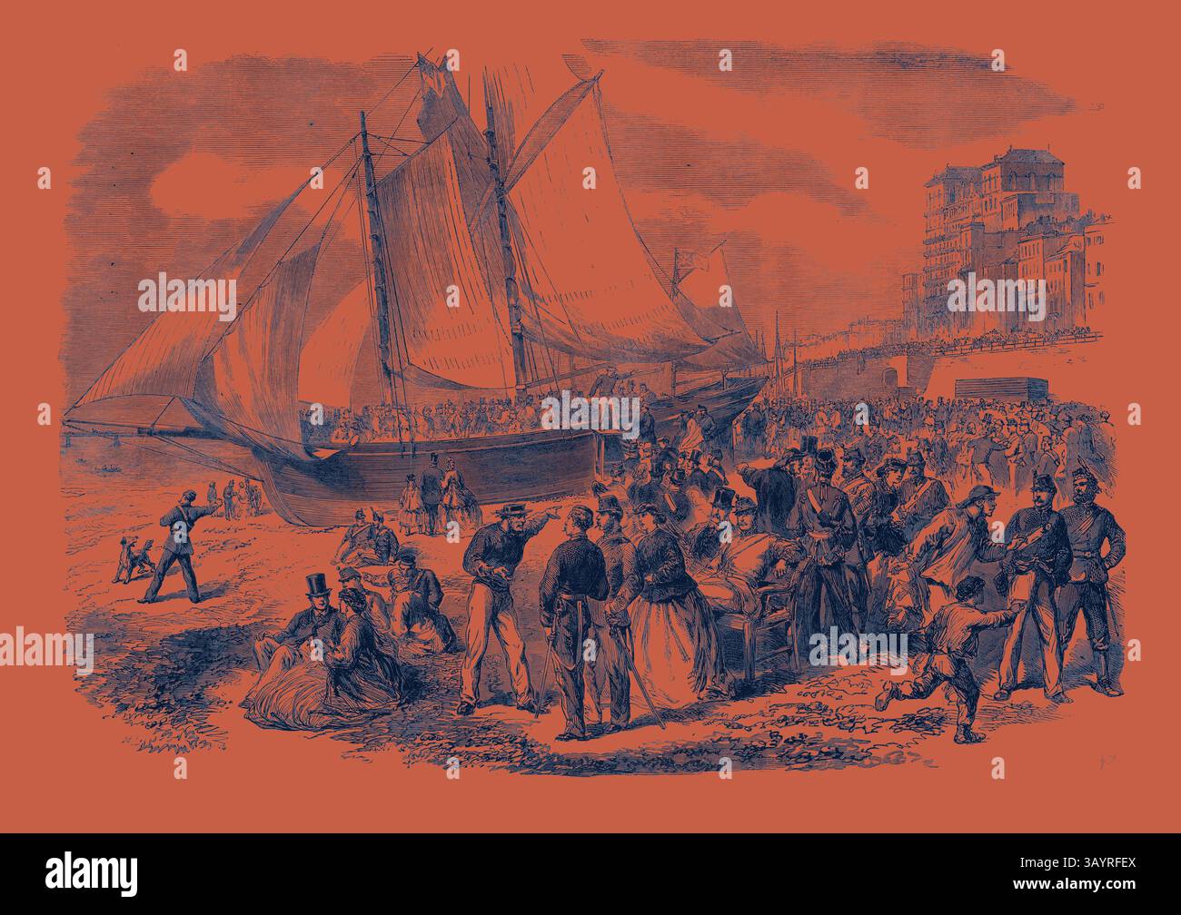 Una vivace scena costiera cattura un vivace gruppo di persone impegnate in varie attività lungo la riva, con una grande nave a vela ancorata nelle vicinanze. I venditori ambulanti e la gente del posto interagiscono mentre gli spettatori apprezzano l'atmosfera vibrante, mentre gli edifici si affacciano sullo sfondo, suggerendo una fiorente comunità costiera. The Volunteers at Brighton: The Beach on Easter Sunday UK 1866 arte classica con un tocco moderno reinventata da Artotop Foto Stock