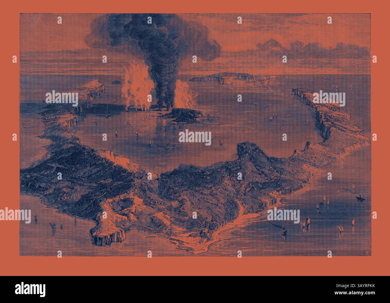 Un'eruzione vulcanica altera drasticamente il paesaggio, inviando pennacchi di fumo e fiamme nel cielo, mentre le figure sottostanti navigano lungo la costa frastagliata circondata da acque che si agitano. L'arcipelago greco dell'isola di Santorin con il Vulcano sottomarino 1866 arte classica con un tocco moderno reinventato da Artotop Foto Stock