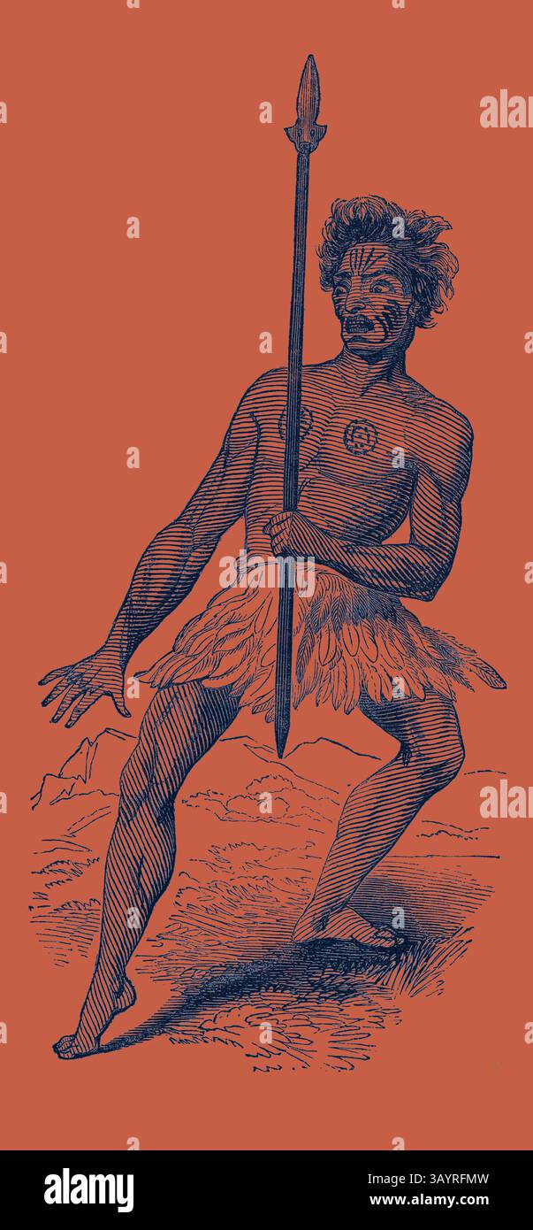Un guerriero si erge addobbato di una lancia, adornato con abiti tradizionali e segni tribali, mostrando forza e patrimonio culturale. Danza di guerra della nuova Zelanda. Arte classica con un tocco moderno reinventata da Artotop Foto Stock