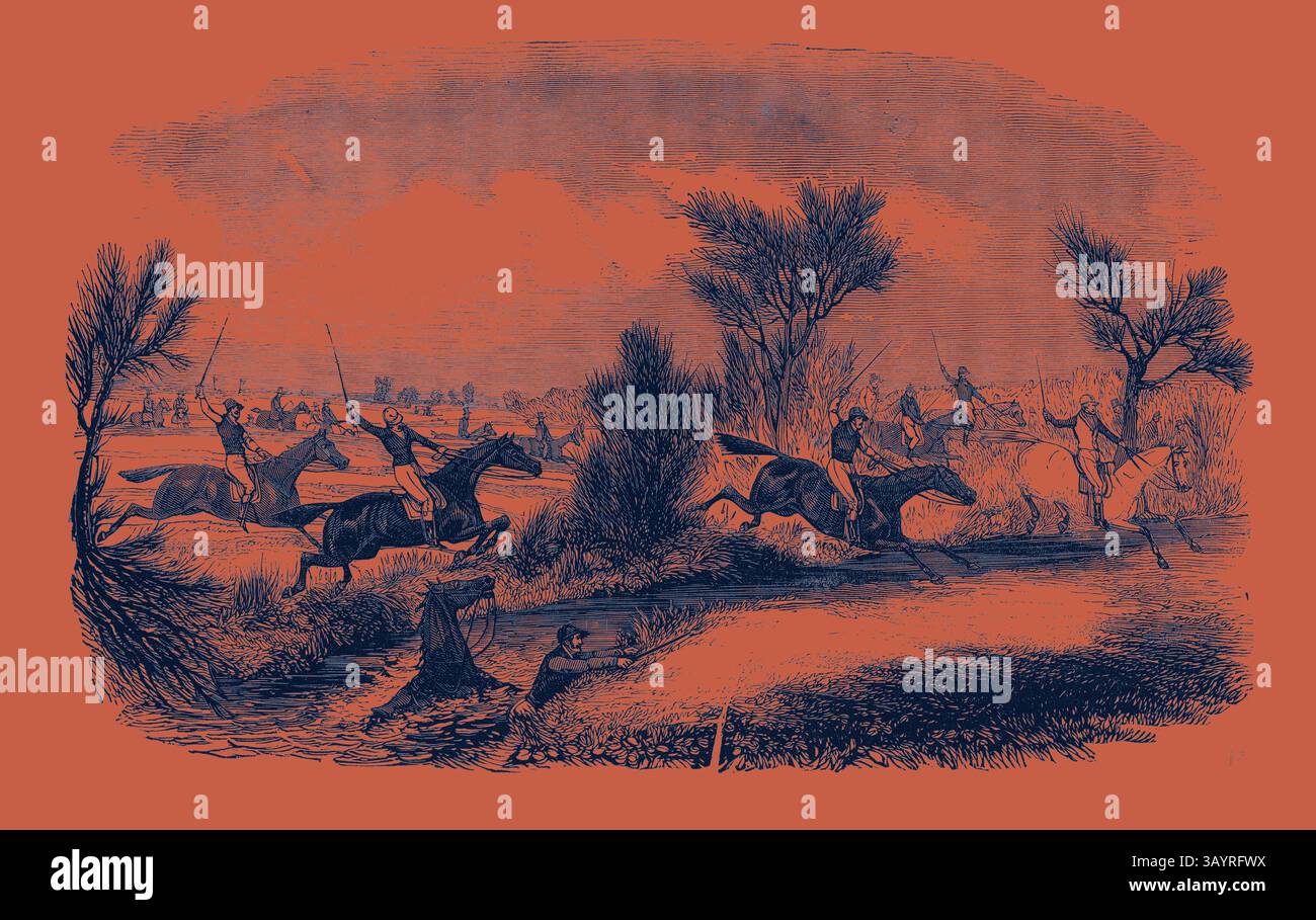 Una scena che raffigura un gruppo di cavalieri impegnati in una caccia, al galoppo attraverso un paesaggio adornato di alberi e arbusti, evocando un senso di avventura e natura selvaggia. L'arte Brook Classic con un tocco moderno reinventato da Artotop Foto Stock