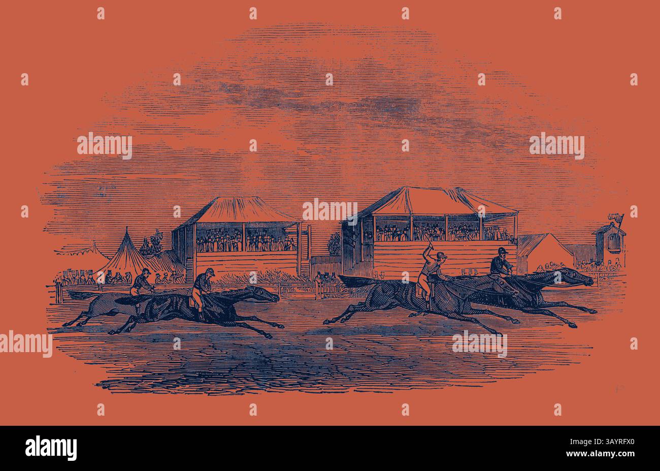 Due cavalli da corsa galoppano ferocemente lungo una pista, gareggiando strettamente mentre i loro fantini si inclinano in avanti per determinazione. Gli spettatori si riuniscono sullo sfondo, osservando intensamente da tribune e tende, creando un'atmosfera vivace intorno alla corsa emozionante. Croxton Park Races, l'arte Race Classic con un tocco moderno reinventata da Artotop Foto Stock