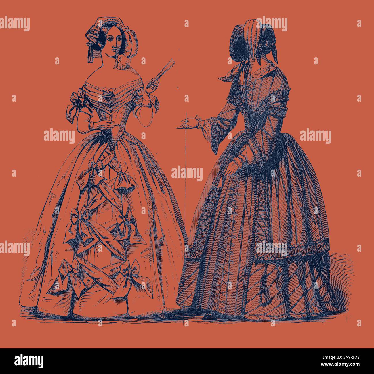 Due donne elegantemente vestite del XIX secolo, che presentano intricati abiti adornati da nastri e motivi unici, incarnano la moda della loro epoca. Una donna tiene un fan, mentre l'altra sembra tenere in mano un oggetto di pizzo, evidenziando l'attenzione al dettaglio nel loro abbigliamento. Abiti per l'arte classica di aprile con un tocco moderno reinventato da Artotop Foto Stock