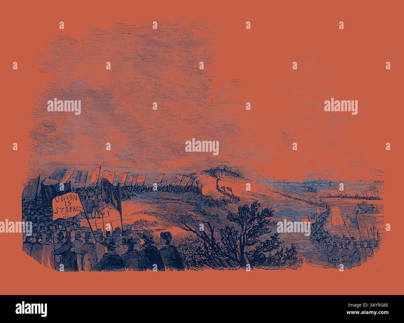 Una scena storica che raffigura un grande raduno di persone che reggono striscioni e cartelli, sullo sfondo di colline e alberi ondulati, suggerendo un momento di protesta o dimostrazione. L'atmosfera trasmette un senso di unità e determinazione tra la folla. Incontro di Pitmen, a Pittington Hill. Arte classica con un tocco moderno reinventata da Artotop Foto Stock