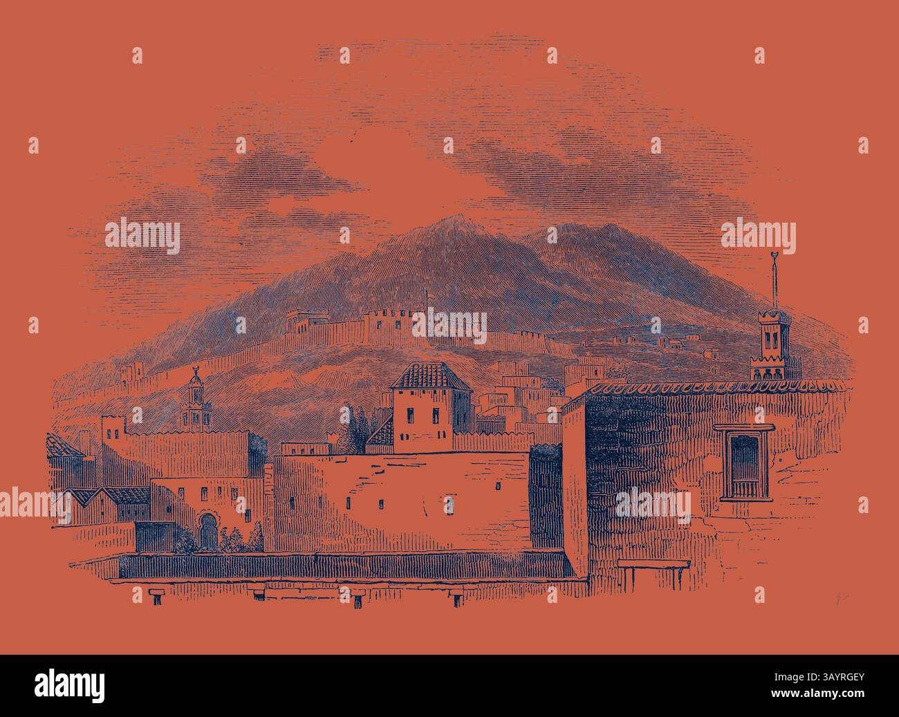 Un paesaggio sereno mostra una montagna lontana che si innalza sopra una pittoresca cittadina, con edifici storici e tetti sparsi in primo piano, che evocano un senso di intramontabilità e fascino. Marocco : Vista di Tetuan. Arte classica con un tocco moderno reinventata da Artotop Foto Stock