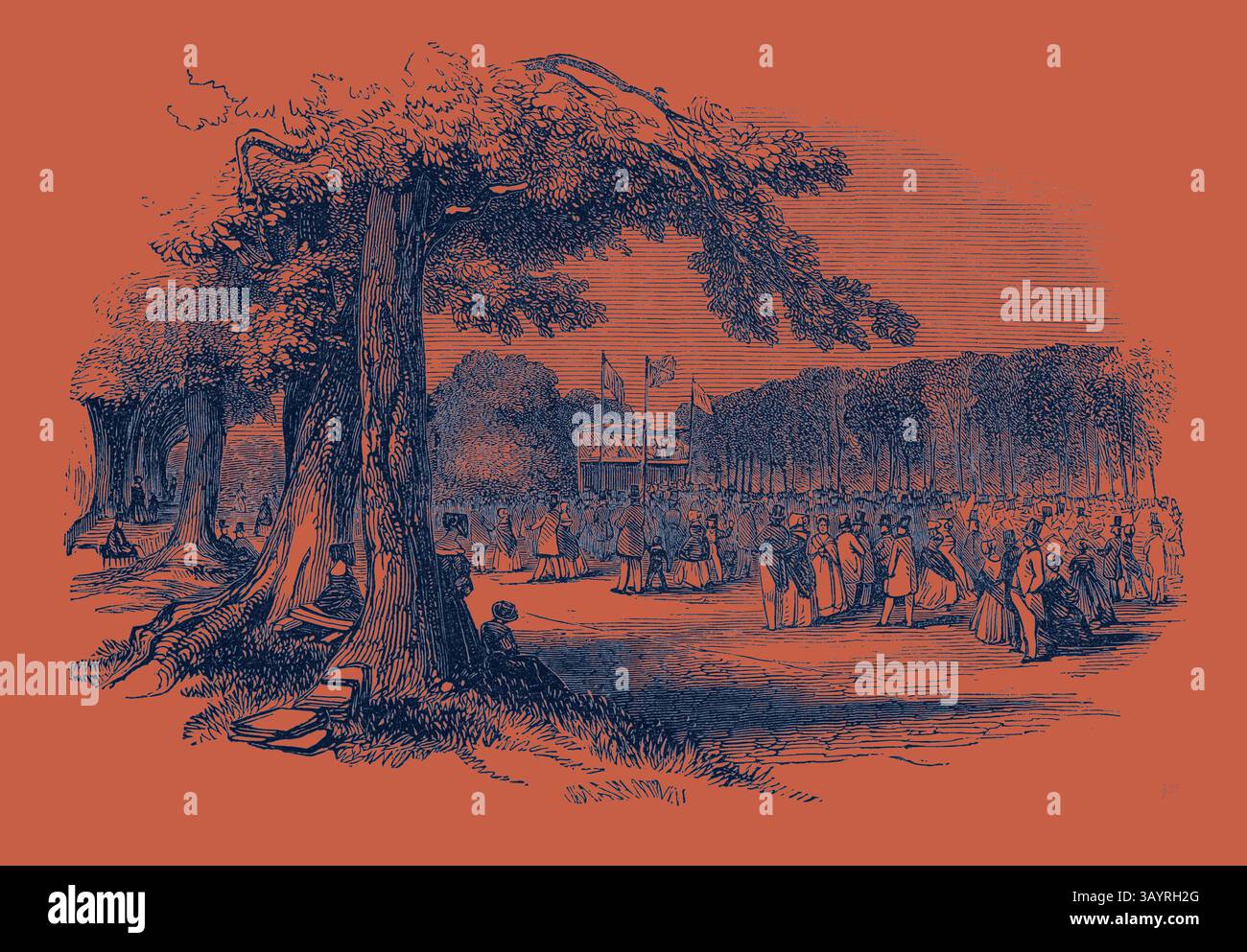 Un raduno di individui elegantemente vestiti in un parco, con grandi alberi che incorniciano la scena. Sullo sfondo, viene allestito un palco con bandiere e una folla è impegnata in quello che sembra essere un evento o uno spettacolo. L'atmosfera trasmette un senso di comunità e celebrazione. Grande riunione al New Ground, Guernsey. Arte classica con un tocco moderno reinventata da Artotop Foto Stock