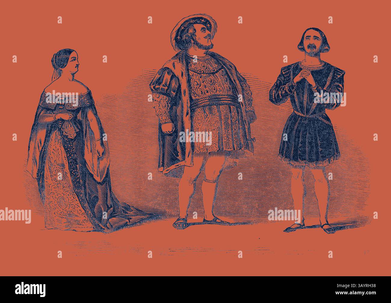 Un trio regale si erge con fiducia, mostrando elaborati costumi storici. La figura centrale, decorata con abiti ornati, trasuda autorevolezza, mentre le figure su entrambi i lati mostrano un abbigliamento elegante, suggerendo nobiltà e grazia. Le loro espressioni suggeriscono una narrazione drammatica, invitando la curiosità circa i loro ruoli e le loro storie. Scena di "Anna Bolena" al Teatro di sua Maestà. Arte classica con un tocco moderno reinventata da Artotop Foto Stock