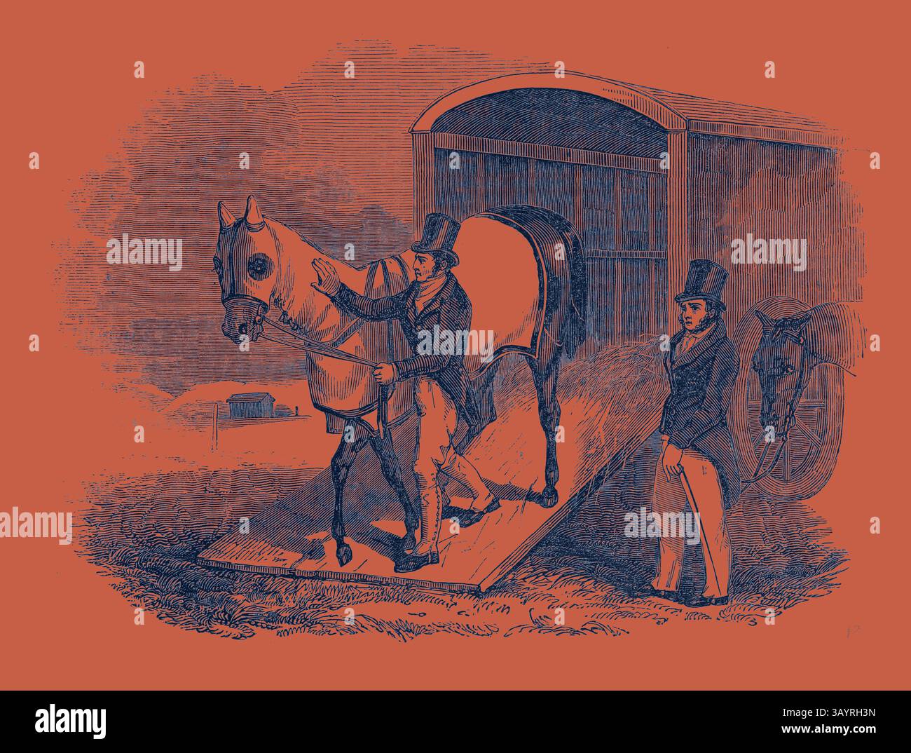 Un cavallo viene condotto giù da una rampa da una carrozza, mentre due uomini ben vestiti osservano. Un uomo guida delicatamente il cavallo, mostrando un momento di cura e attenzione nel trasporto degli animali. Race-Horse Van Classic art con un tocco moderno reinventato da Artotop Foto Stock