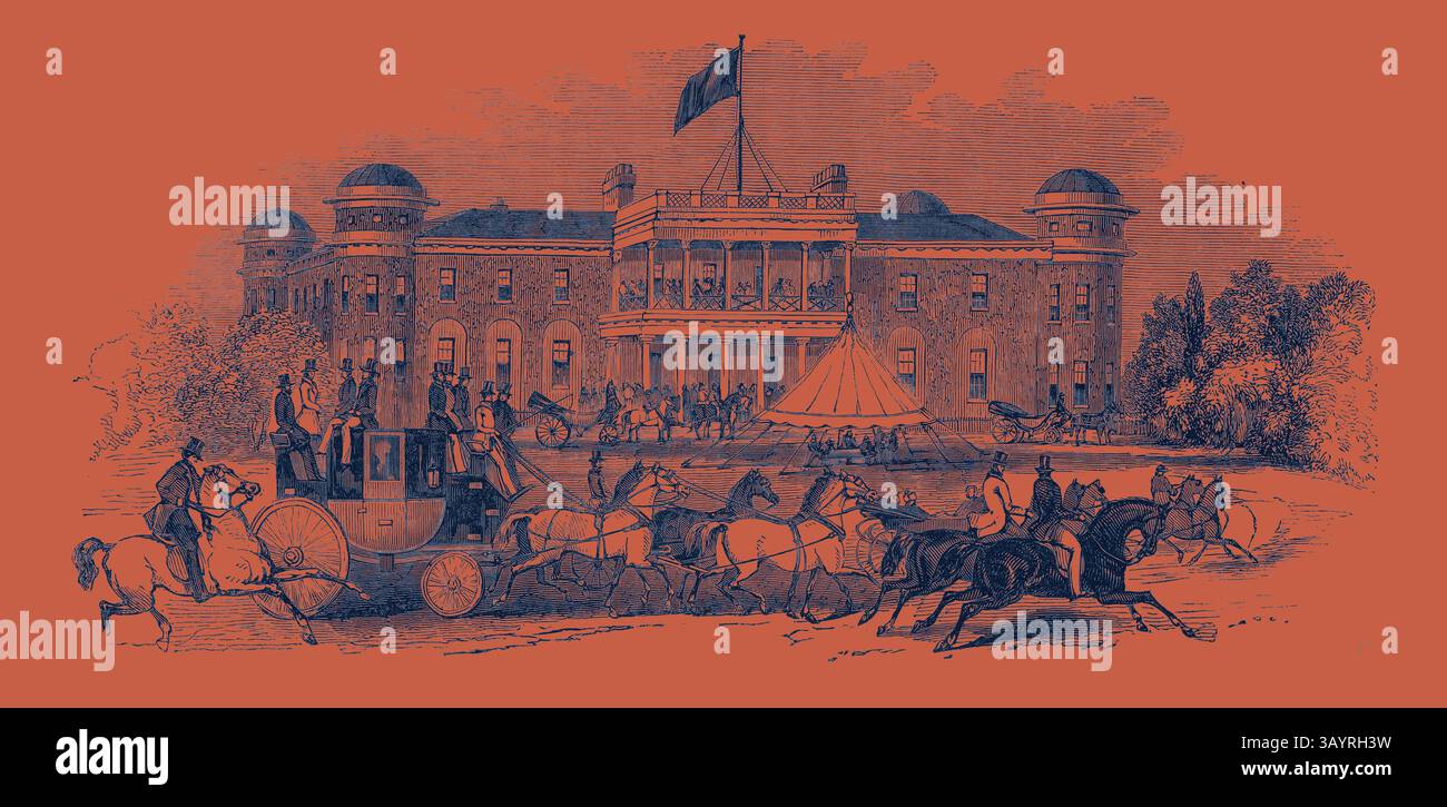 Una dimora storica presenta una scena movimentata con persone che si impegnano in varie attività all'aperto, tra cui una carrozza trainata da cavalli e una grande tenda allestita nelle vicinanze, che suggerisce un evento o una riunione festiva. L'architettura vanta grandi colonne e tetti a cupola, che aggiungono all'eleganza dell'ambiente. Goodwood House, scena nel parco arte classica con un tocco moderno reinventata da Artotop Foto Stock