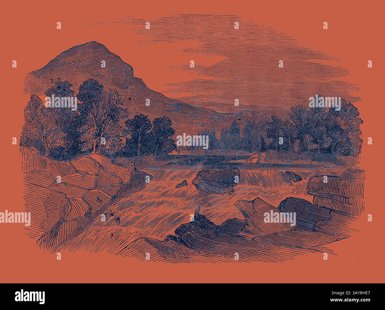 Un tranquillo paesaggio caratterizzato da un fiume che scorre circondato da terreni rocciosi, con alberi che fiancheggiano le rive e una montagna lontana sotto un cielo tranquillo. Le cascate del Tummell Classic art con un tocco moderno reinventato da Artotop Foto Stock