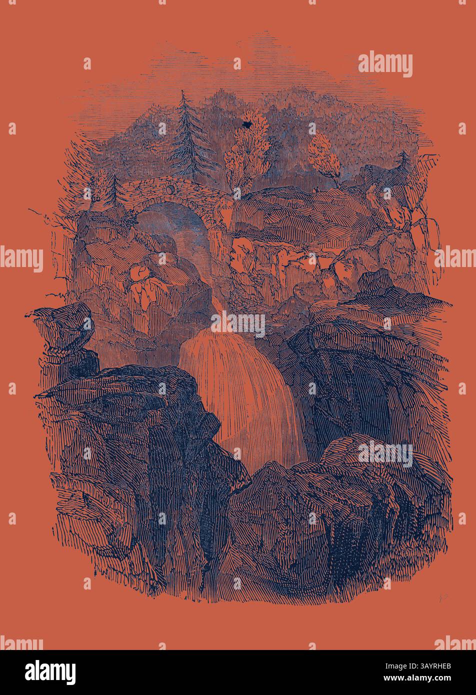 Un tranquillo paesaggio caratterizzato da una cascata circondata da rocce e alberi aspri, che evocano un senso di tranquillità e bellezza naturale. Lower Falls of the Bruar Classic art con un tocco moderno reinventato da Artotop Foto Stock