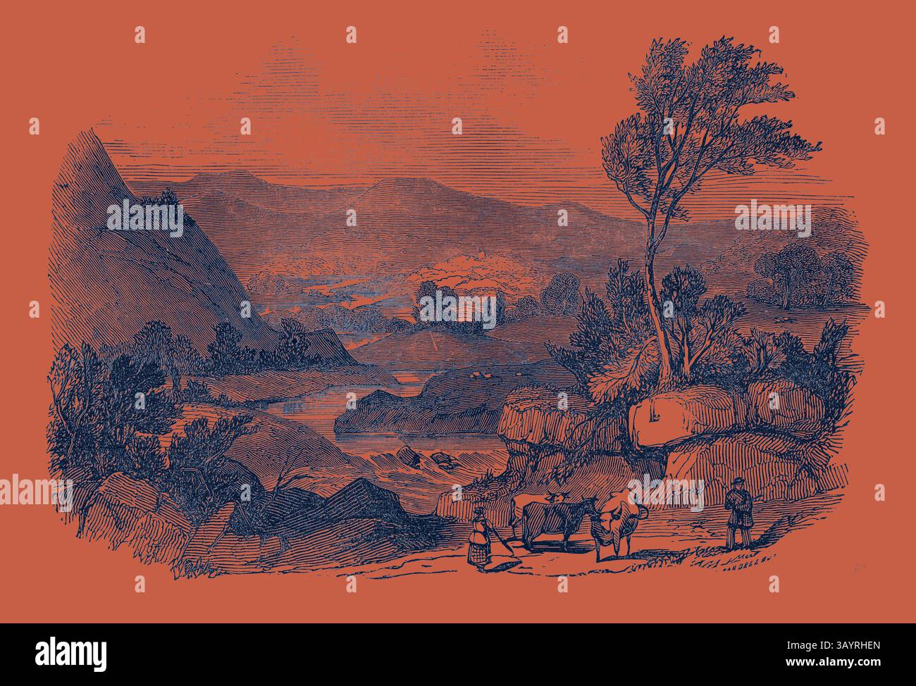 Un paesaggio sereno caratterizzato da colline ondulate e un fiume che scorre, con figure che tendono al bestiame in primo piano. Alberi maestosi e montagne lontane esaltano la tranquillità. Blair Athol Classic art con un tocco moderno reinventato da Artotop Foto Stock