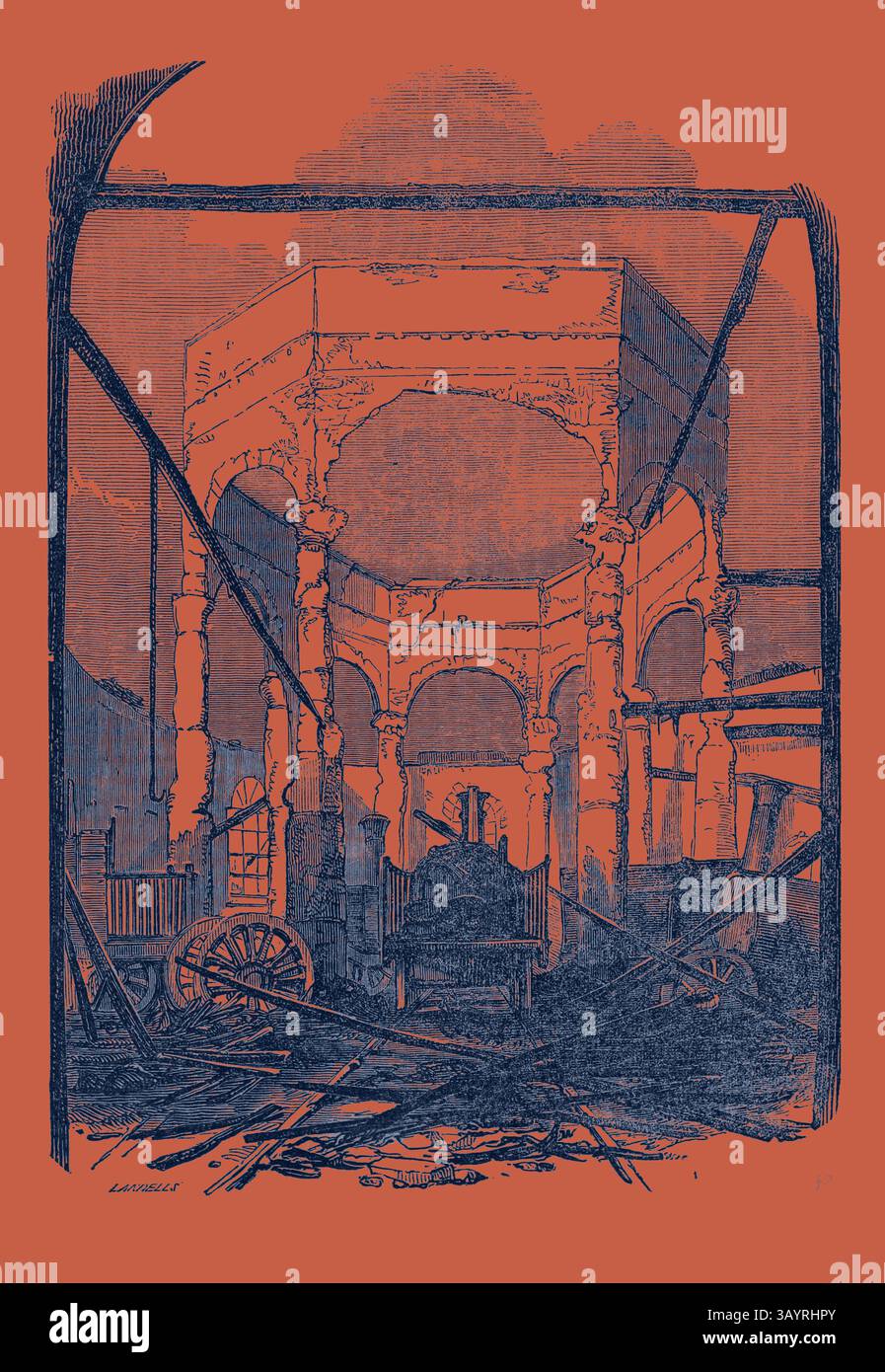 Un'illustrazione dettagliata di una struttura architettonica in decadenza, caratterizzata da grandi colonne sbriciolate e archi intricati, circondati da detriti e resti della sua gloria precedente. La scena trasmette un senso di storia e abbandono, evocando una narrazione del tempo e del cambiamento. Incendio distruttivo alla stazione ferroviaria di New-Cross: Rovine dell'edificio dell'Ottagono arte classica con un tocco moderno reinventato da Artotop Foto Stock