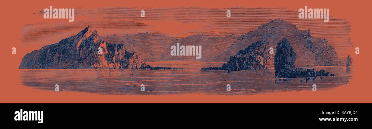 Un tranquillo paesaggio caratterizzato da coste frastagliate e montagne lontane che si riflettono in acque calme, che mostrano bellezza naturale e tranquillità. Perdita della Megera: L'isola di St. Paul dal mare 1871 arte classica con un tocco moderno reinventata da Artotop Foto Stock