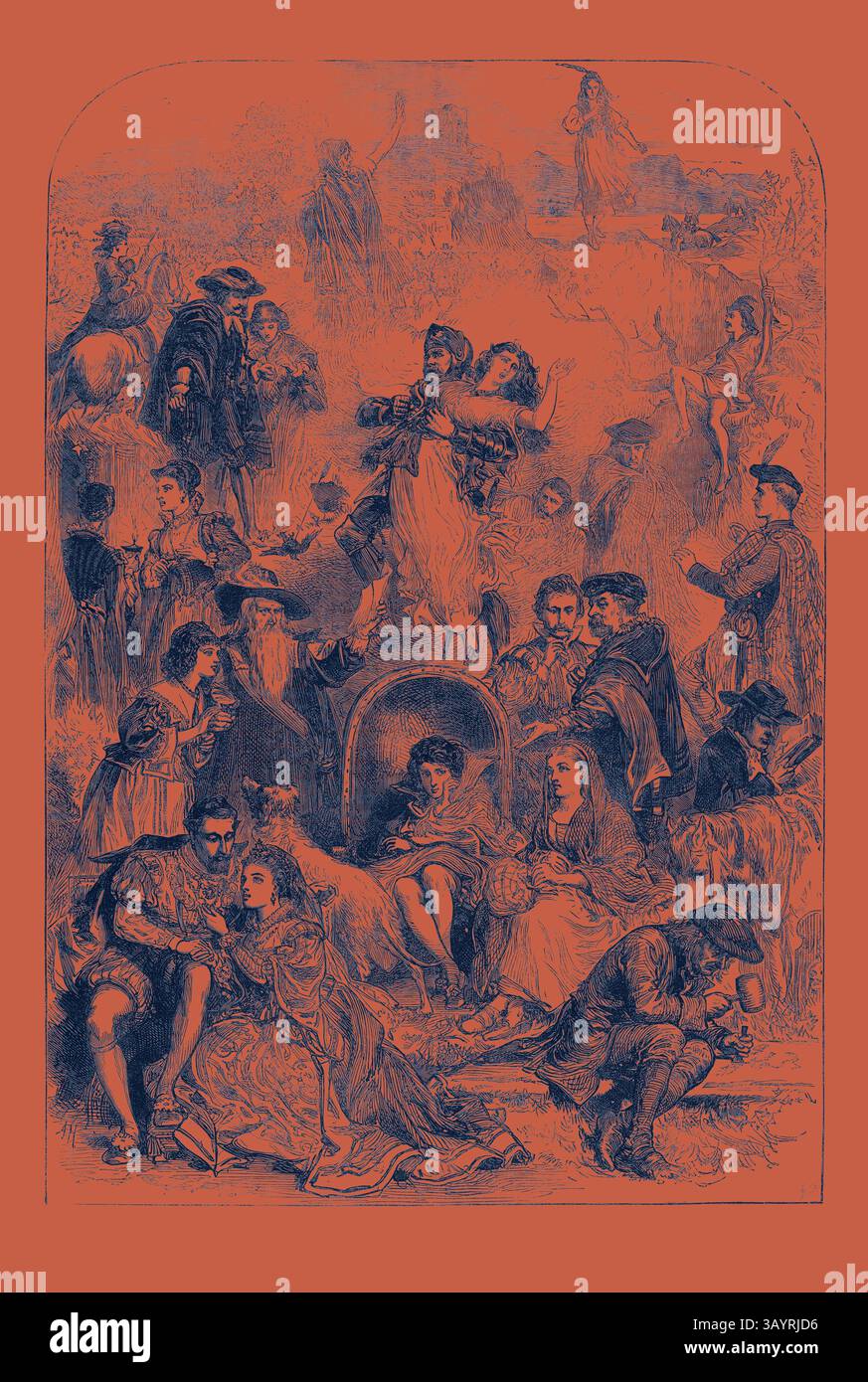 Un vivace raduno presenta un gruppo eterogeneo di individui elegantemente vestiti impegnati in varie attività sociali, dalle conversazioni e danze alla condivisione di momenti intimi. La scena trabocca di dettagli intricati, catturando lo spirito e la vivacità di un'epoca passata. The Scott Centenary: A Dream of the Waverley Novels 1871 Classic art con un tocco moderno reinventato da Artotop Foto Stock