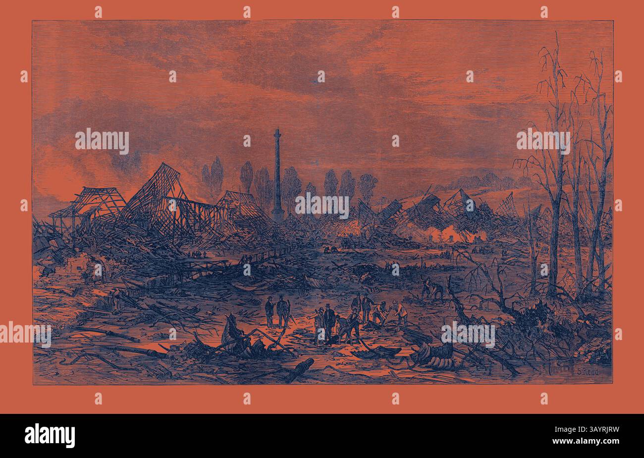 Una scena caotica cattura le conseguenze della distruzione, con strutture rovesciate e detriti sparsi, con figure sagomate che navigano nel paesaggio in mezzo a un cielo spettacolare. Scena dell'esplosione di cotone-pistola allo Stowmarket 1871 arte classica con un tocco moderno reinventata da Artotop Foto Stock