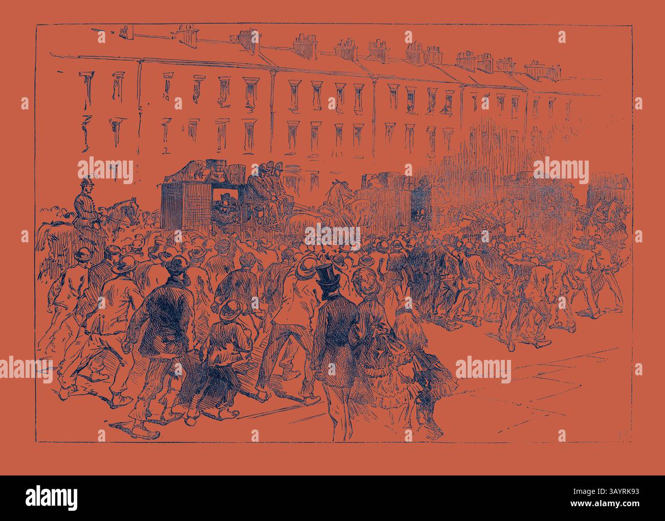 Una vivace scena di strada piena di una folla variegata, caratterizzata da individui, carrozze ed edifici elegantemente vestiti sullo sfondo. L'atmosfera suggerisce un evento o una celebrazione vivace, con un senso di movimento ed eccitazione nell'aria. The Engineers' Strike at Newcastle: Arrival of Foreign Workmen 1871 arte classica con un tocco moderno reinventata da Artotop Foto Stock