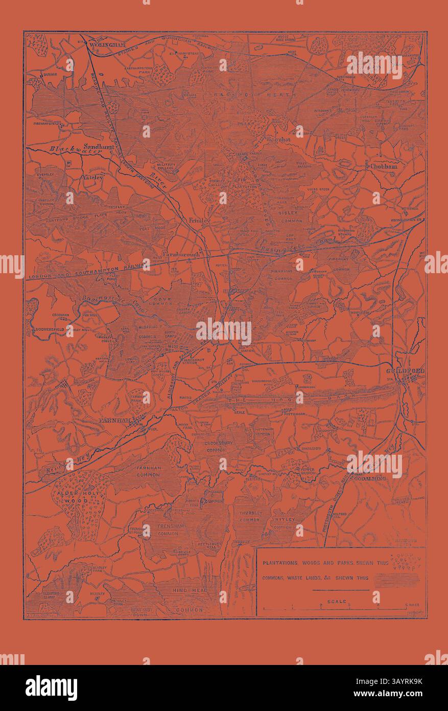 Una mappa d'epoca con topografia dettagliata e una rete di strade e città, evidenziata in un suggestivo sfondo arancione. La mappa mostra varie caratteristiche geografiche e posizioni, con annotazioni che offrono informazioni dettagliate sull'area che rappresenta. La campagna autunnale: Piano del Country Round Aldershott 1871 Arte classica con un tocco moderno reinventata da Artotop Foto Stock