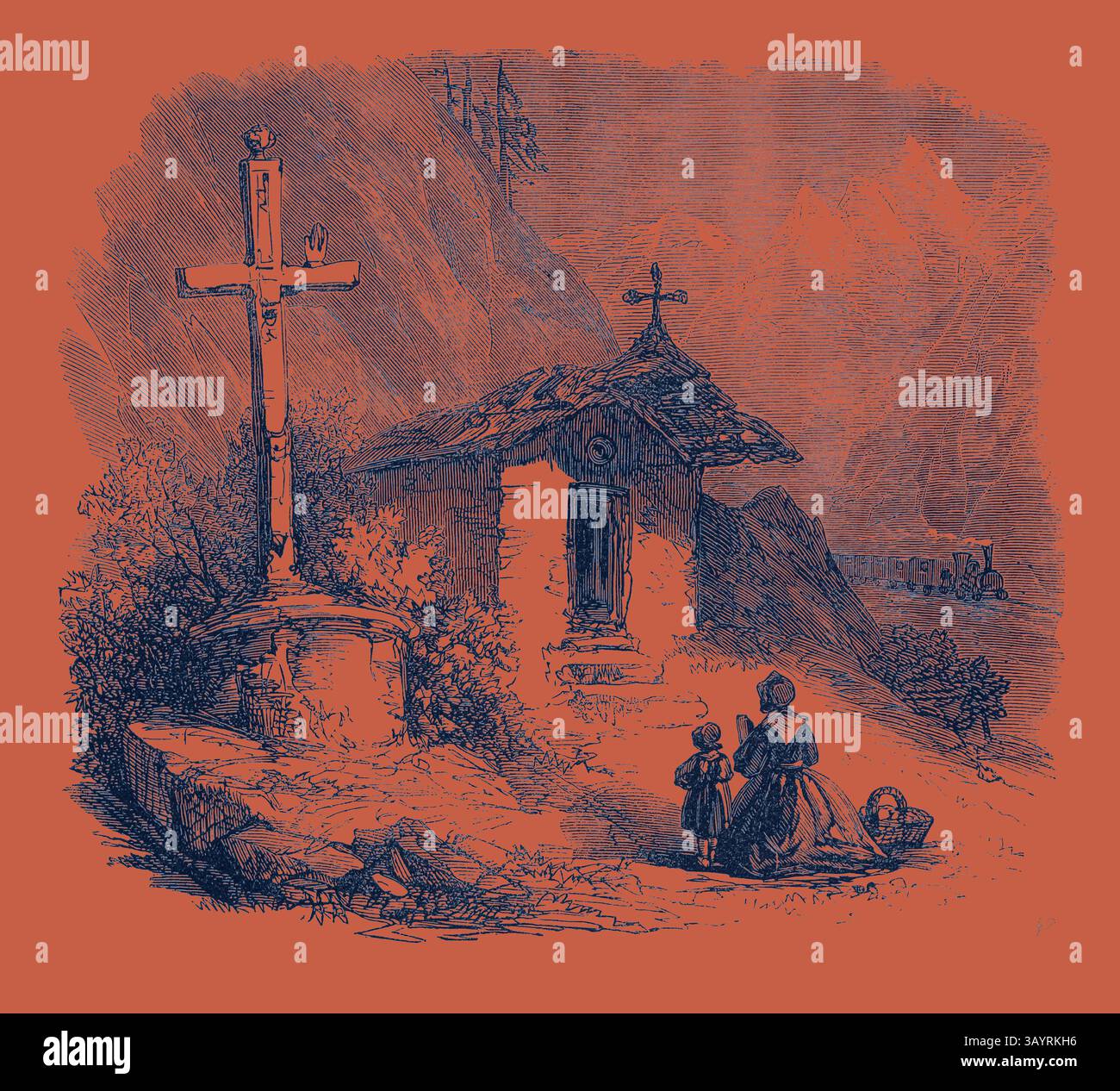 Un tranquillo paesaggio caratterizzato da una piccola cappella incastonata su uno sfondo montuoso, accompagnata da una croce di legno. Due figure, vestite in abiti tradizionali, si trovano vicino all'ingresso, mentre un'altra figura raccoglie oggetti nelle vicinanze, evocando un senso di tranquillità e connessione con l'ambiente circostante. Scenario ferroviario del Mont Cenis: Vicino a Oulx 1871 arte classica con un tocco moderno reinventata da Artotop Foto Stock