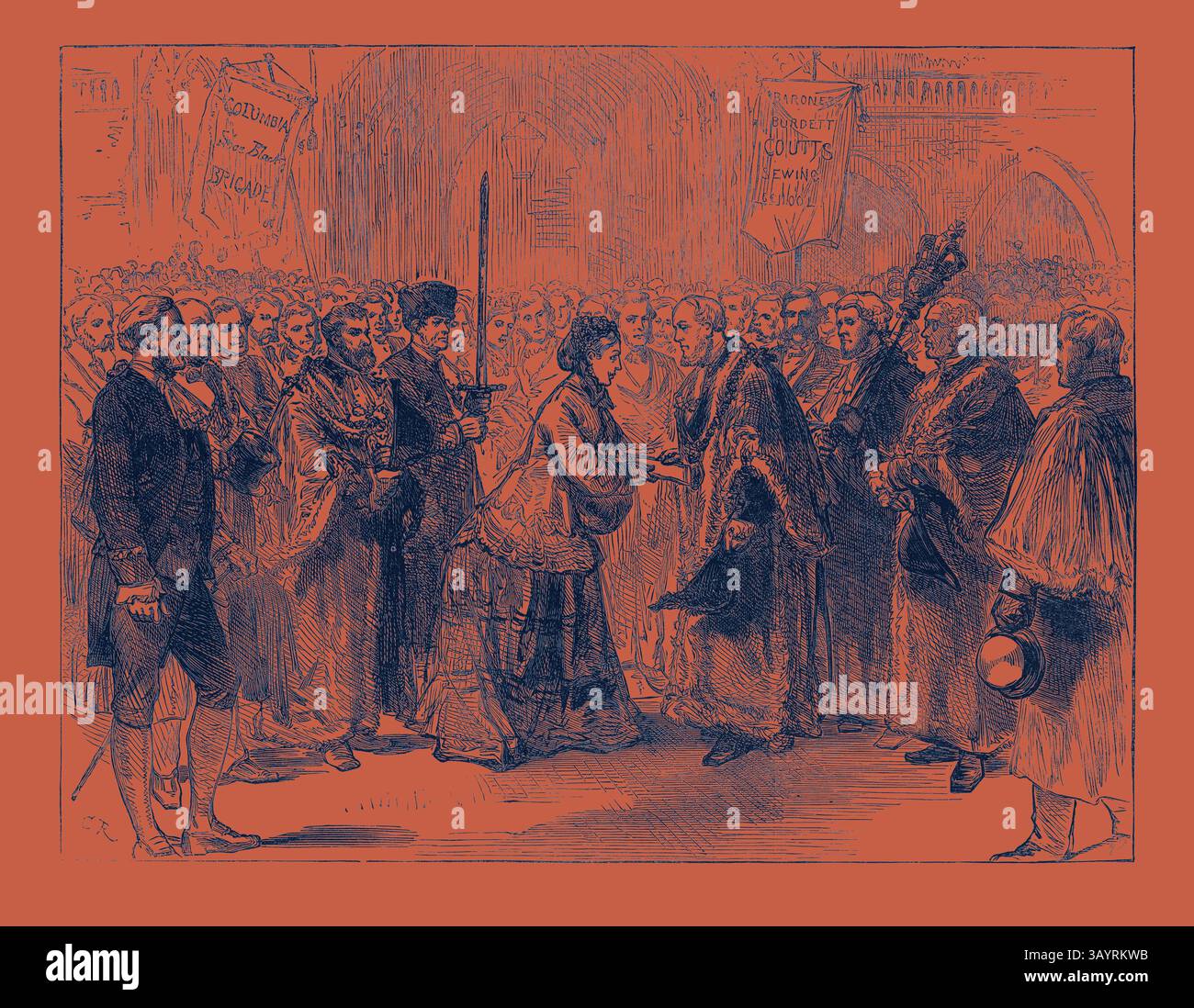 Un raduno cerimoniale raffigura una donna che riceve un premio o un onore, circondata da un pubblico che tiene striscioni. L'abbigliamento formale è prominente, sottolineando il significato dell'evento, che cattura un momento di riconoscimento e celebrazione all'interno di un ambiente storico. Lady Burdett-Coutts consegna Columbia Market al Lord Mayor London 1871 arte classica con un tocco moderno reinventato da Artotop Foto Stock