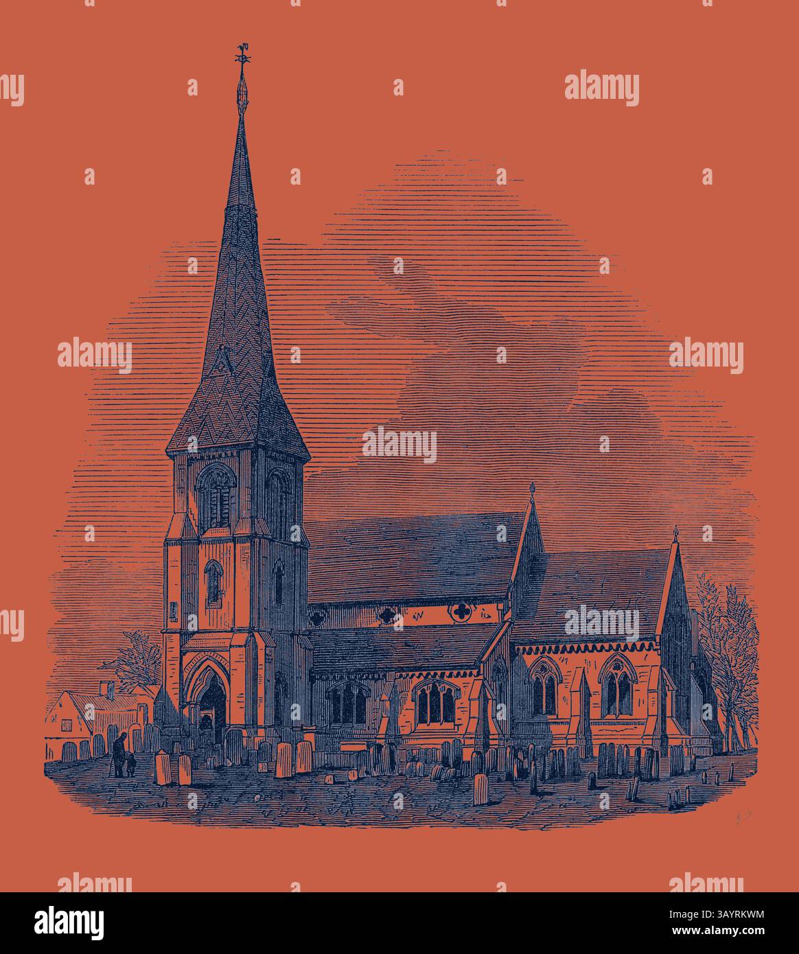 Una pittoresca chiesa si erge alta con un prominente campanile, circondata da un tranquillo cimitero. L'architettura presenta elementi di design intricati e l'atmosfera evoca un senso di storia e serenità. Fosdyke Church Lincolnshire 1871 arte classica con un tocco moderno reinventata da Artotop Foto Stock